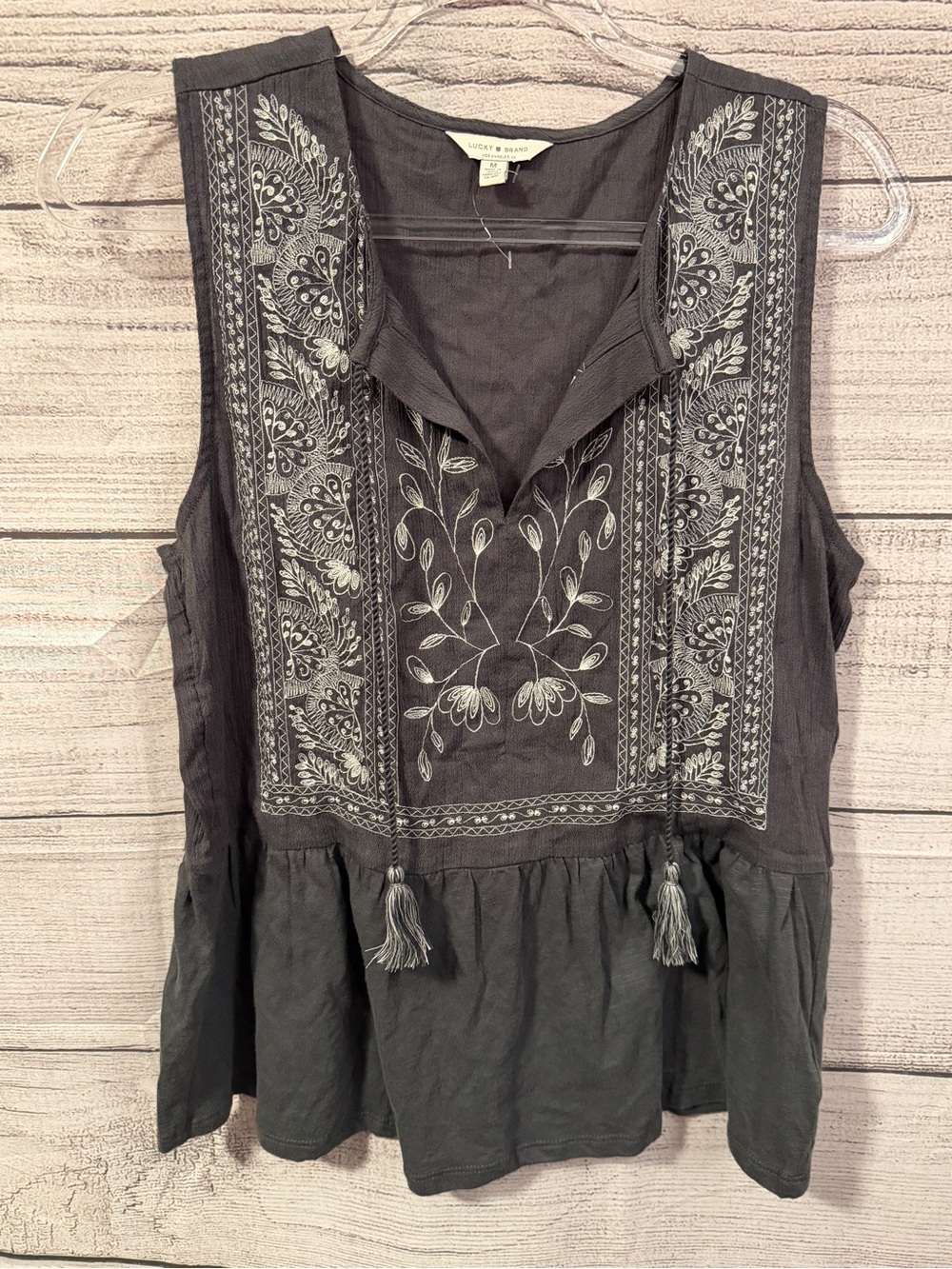 Women’s Lucky Brand Embroidered Peplum Tassel Boho Top Gray Medium NWOT